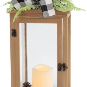 Dekorácia MagicHome Vianoce, Lampáš s čečinou a mašľou, 1 LED, 3xAAA, efekt plameňa, časovač, drevo, 20x20,5x51 cm
