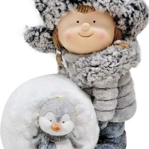 Dekorácia MagicHome Vianoce, dievča so snehovou guľou a tučniakom, LED, 19.5x28x33.5 cm