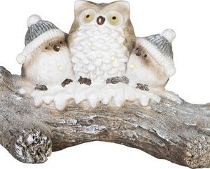 Dekorácia MagicHome Vianoce, sovy na zasneženom kmeni, LED, 20.5x49.5x27.5 cm