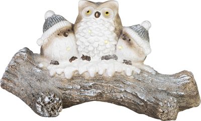 Dekorácia MagicHome Vianoce, sovy na zasneženom kmeni, LED, 20.5x49.5x27.5 cm