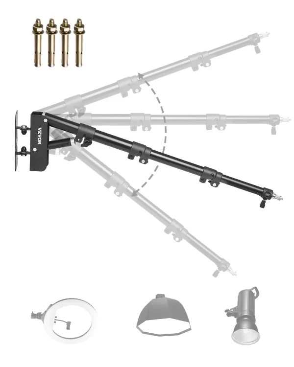 Nástenný držiak  Trojuholníkové rameno, 50-110 cm, otočné o 180°, odolný nástenný držiak, podpora statívu, pre štúdiové video svetlo, mono svetlo, fotografiu, softbox, reflektor – Obrázok 5