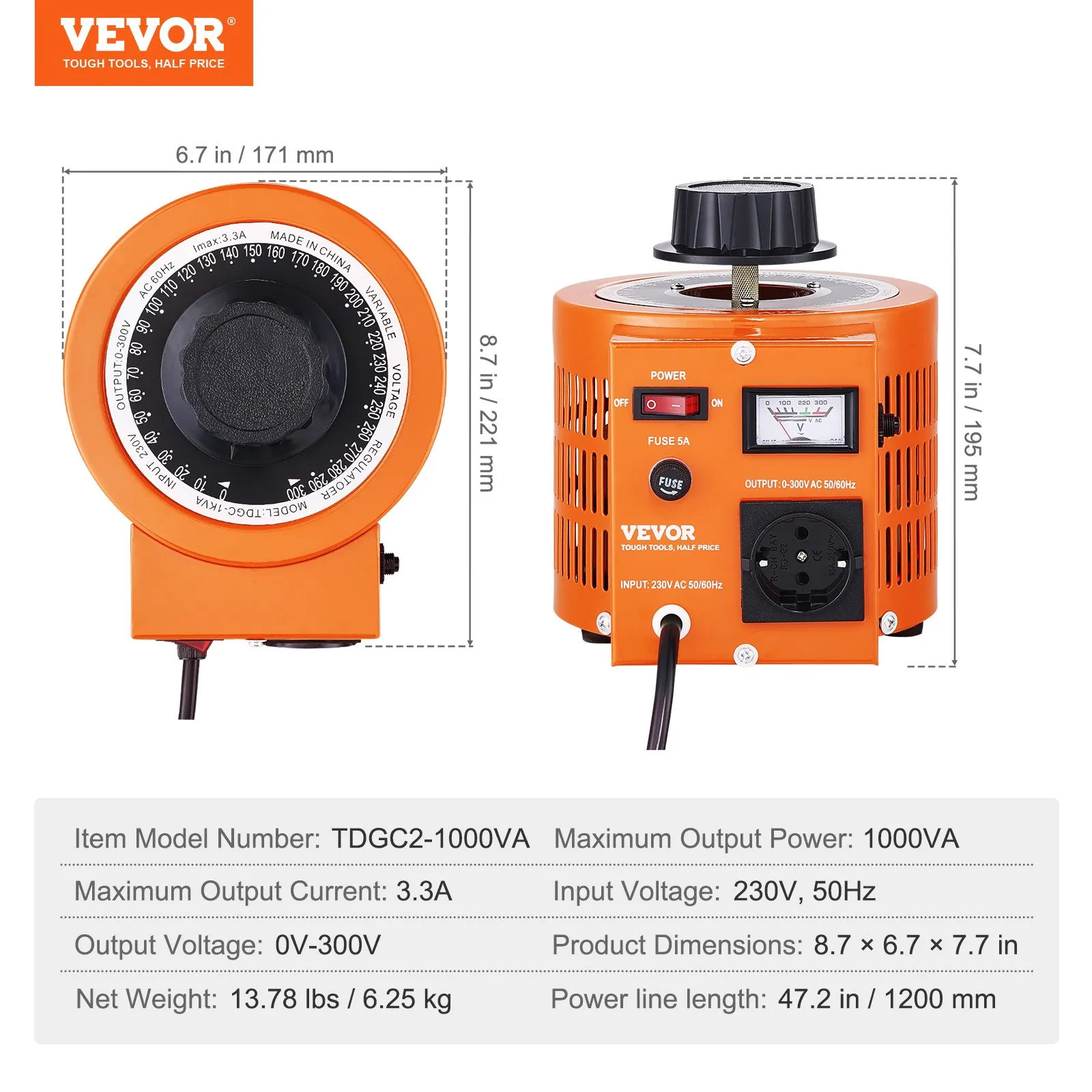 1000VA transformátor s premenlivým napätím, 3,3 A, vstup 230 V, výstup 0 – 300 V, napájací zdroj s regulátorom striedavého napätia, so 4 prídavnými poistkami, pre domácnosť, priemysel a kanceláriu – Obrázok 4
