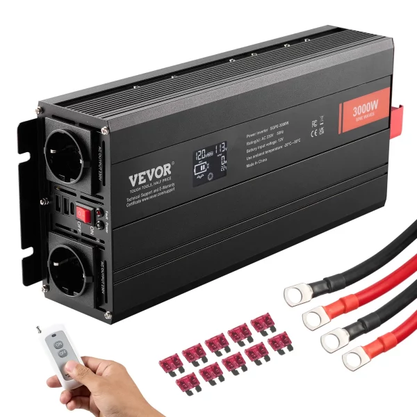 Menič napätia  3000W s čistým sínusovým signálom, DC 12V na AC 230V, 2 AC zásuvky, 2 USB porty, 1 port typu C, LCD displej a diaľkové ovládanie pre veľké domáce spotrebiče. – Obrázok 3