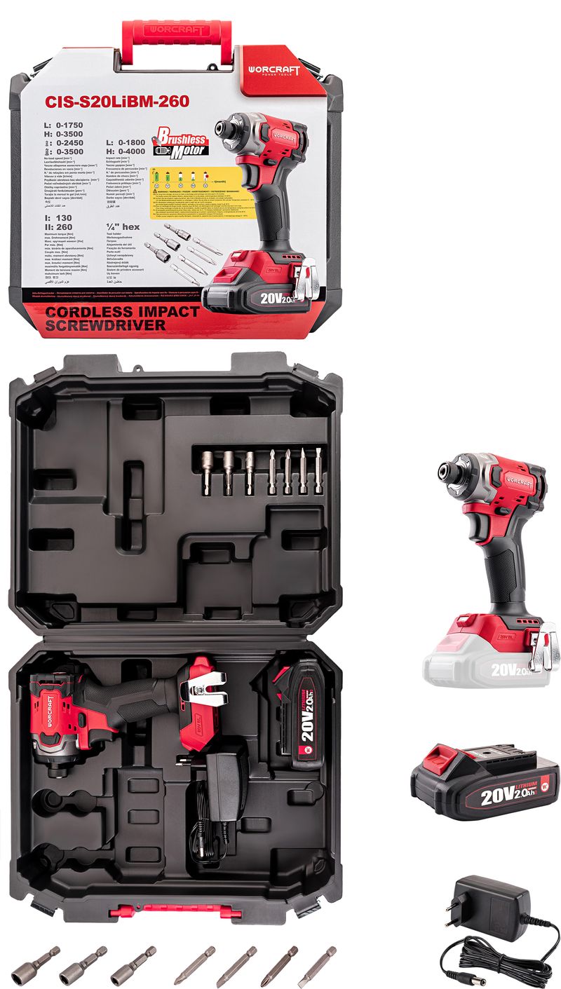 Uťahovák Worcraft CIS-S20LiBM-260 ShareSYS, 20V Li-Ion, rázový, HEX, 260Nm, bezuhlíkový, SET 1x akumulátor 2.0 Ah + 1x nabíjačka, v kufri