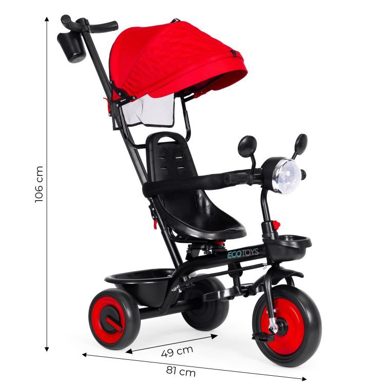 Detská trojkolka, kočík, 3 v 1, otočné sedadlo, červená strieška, ECOTOYS – Obrázok 2