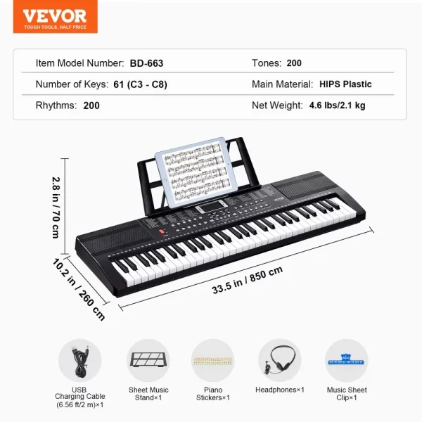 Digitálne piano  s 61 klávesmi, 200 tónov, 200 rytmov, prenosná sada elektrických klávesov s 60 demo skladbami, vstavané duálne reproduktory, slúchadlá, mikrofón, nálepky na klavír pre začiatočníkov. – Obrázok 5