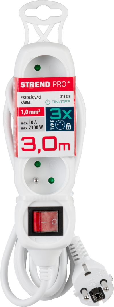 Kábel DG-F803BK L-3 m, predlžovací, biely, 3x zásuvka + vypínač, new edition