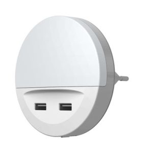 Svietidlo LEDVANCE LUNETTA® USB, LED do zásuvky, 2x USB nabíjací port, 3lm, 3000K, senzor deň-noc