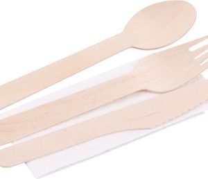 Príbor MagicHome Woodline ECO, drevený nôž, vidlička, lyžica, servítka, 100% Natural