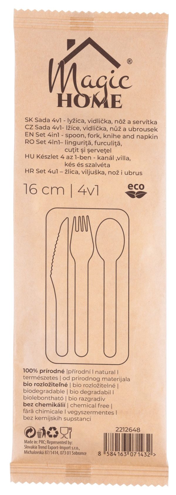 Príbor MagicHome Woodline ECO, drevený nôž, vidlička, lyžica, servítka, 100% Natural – Obrázok 2