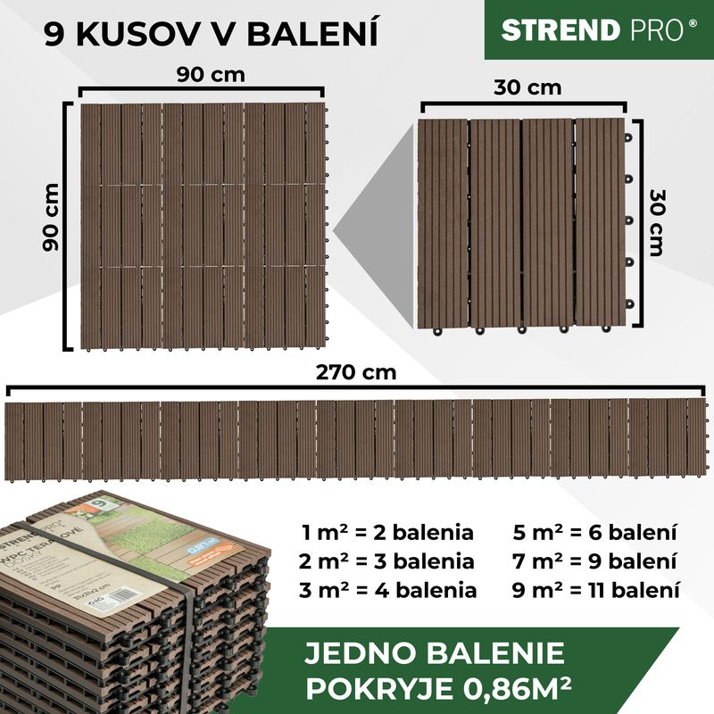 Sada terasových dosiek s WPC efektom dreva, palubovka, PP, 31x31x2, plast, farba hnedá a sivá, bal. 9ks – Obrázok 4