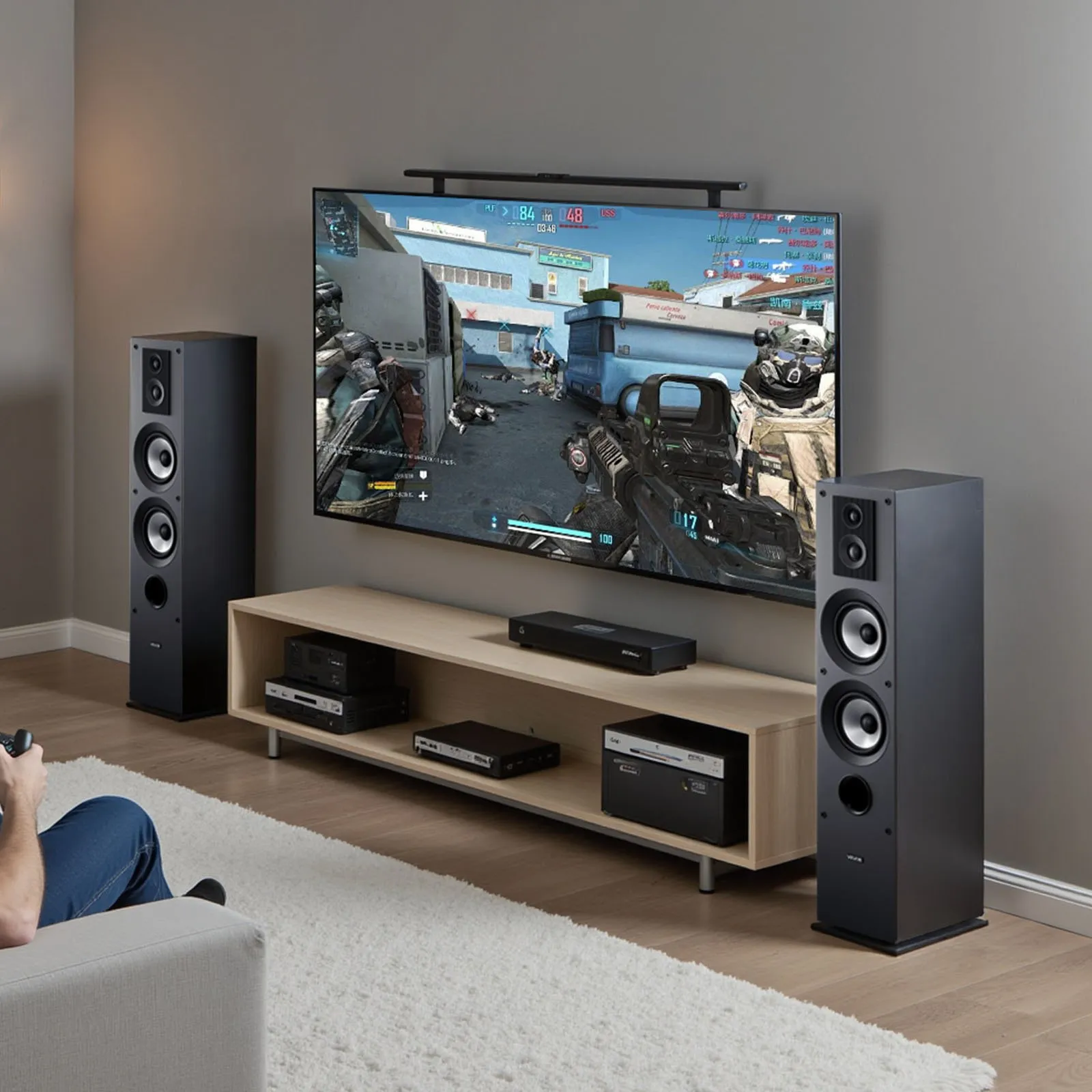 Dvojpásmové stojace reproduktory  s 1-palcovým výškovým reproduktorom a dvoma 6,5-palcovými basovými reproduktormi, špičkový výkon 400 W, frekvenčná odozva 65 Hz – 20 kHz, robustná MDF skrinka, pre domáce audio, pár – Obrázok 2