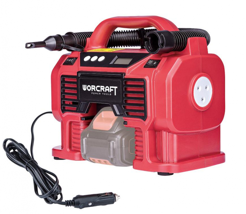 Kompresor Worcraft CAC-S20LiA ShareSYS, 160 Psi/11 Bar, 20V Li-ion, LED svetlo + autozásuvka – Obrázok 2