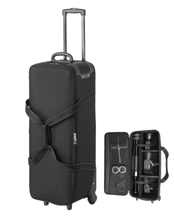 Štúdiový vozík  910x300x355 mm, prepravná taška, puzdro na štúdiové vybavenie, brašňa na fotoaparát, štúdiová taška s kolieskami, popruhy, polstrovaná priehradka, rukoväť, na stojany na osvetlenie, statívy, teleskopy – Obrázok 6