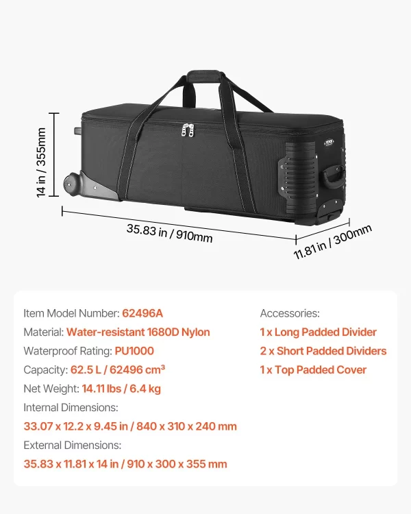 Štúdiový vozík  910x300x355 mm, prepravná taška, puzdro na štúdiové vybavenie, brašňa na fotoaparát, štúdiová taška s kolieskami, popruhy, polstrovaná priehradka, rukoväť, na stojany na osvetlenie, statívy, teleskopy – Obrázok 5