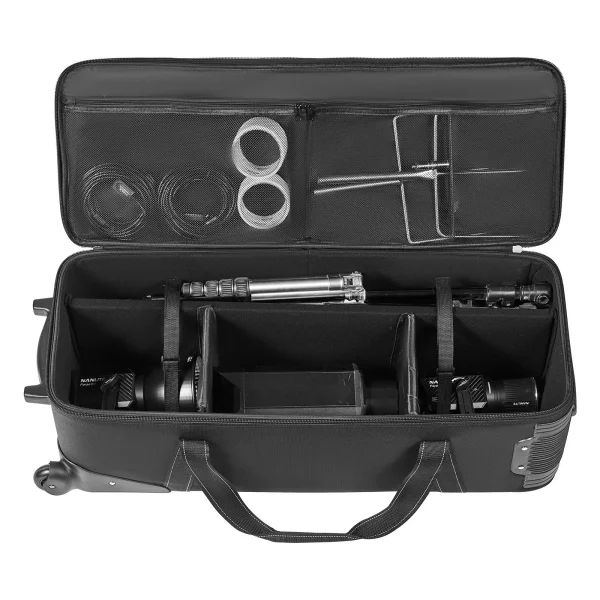 Štúdiový vozík  910x300x355 mm, prepravná taška, puzdro na štúdiové vybavenie, brašňa na fotoaparát, štúdiová taška s kolieskami, popruhy, polstrovaná priehradka, rukoväť, na stojany na osvetlenie, statívy, teleskopy – Obrázok 3