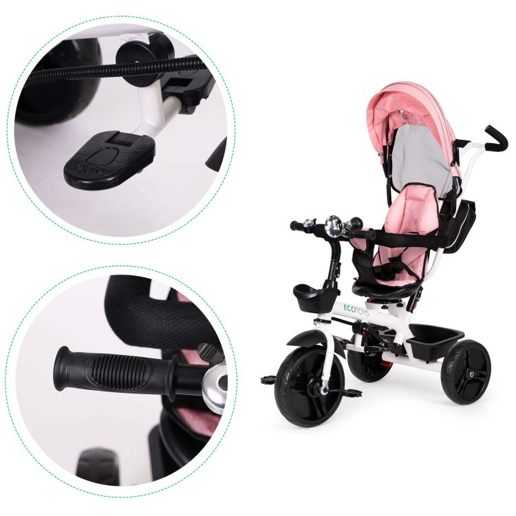 Trojkolka, kočík, otočné sedadlo o 360°, ružová ECOTOYS – Obrázok 5