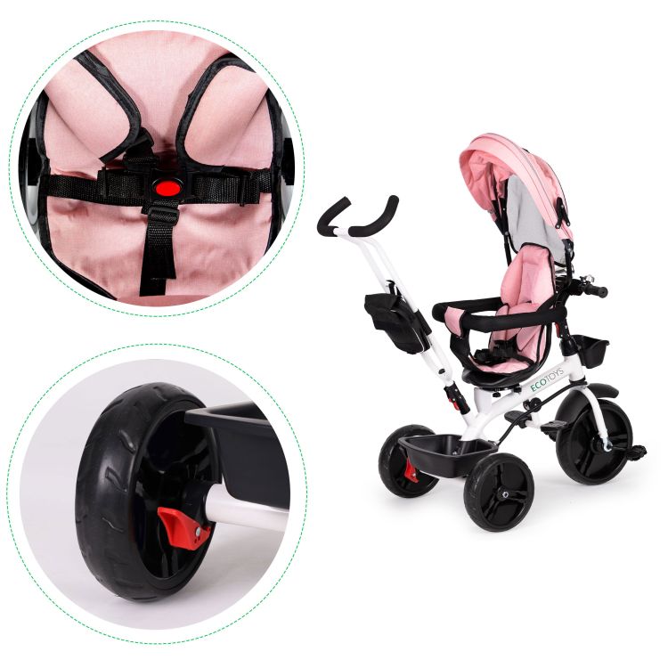 Trojkolka, kočík, otočné sedadlo o 360°, ružová ECOTOYS – Obrázok 4