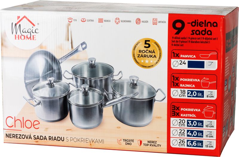 Sada riadu MagicHome Chloe, panvica 24 cm, 3x kastról (3l, 4l a 6,6 l), rajnica 2l, so sklenenými pokrievkami, nerez, 9 dielna – Obrázok 3