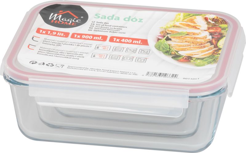 Dóza MagicHome, sada 3 ks, sklenená, sklo, obdlžníková, s vekom, 400/900/1900 ml – Obrázok 2