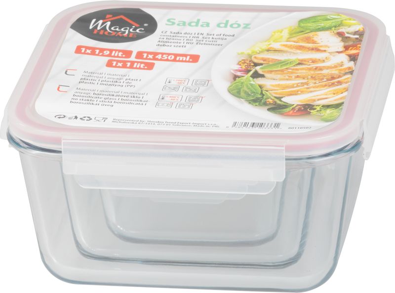 Dóza MagicHome, sada 3 ks, sklenená, sklo, štvorcová, s vekom, 450/1000/1900 ml – Obrázok 2