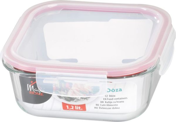 Dóza MagicHome, štvorcová, 1200 ml, s vekom, Clip, sklenená – Obrázok 2