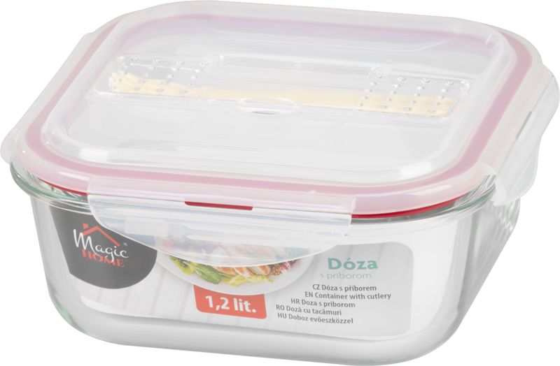 Dóza MagicHome, štvorcová, s vekom, 1200 ml, s príborom, Clip, sklenená – Obrázok 2