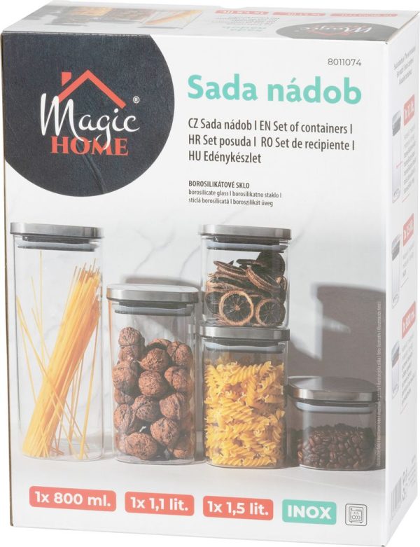 Nádoba MagicHome, sada 3 ks, 800/1100/1500 ml, sklenená, s nerezovým uzáverom – Obrázok 2