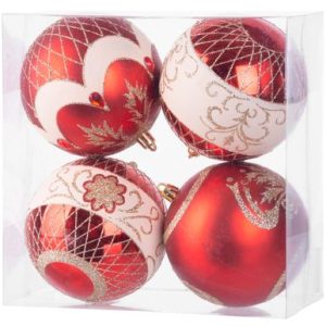 Gule MagicHome Vianoce, 4 ks, červené, s ornamentami, na vianočný stromček, 10 cm