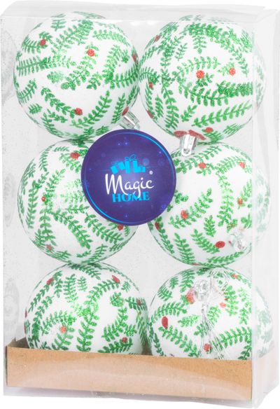 Gule MagicHome Vianoce, 6 ks, biele s trblietavym ornamentom, s glitrami, matné, s dekoráciou, na vianočný stromček, 8 cm – Obrázok 3