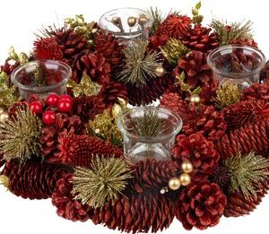 Veniec MagicHome Vianoce, prírodný, červený, adventný, 37x9 cm