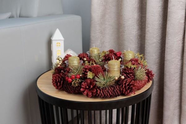 Veniec MagicHome Vianoce, prírodný, červený, adventný, 37x9 cm – Obrázok 2