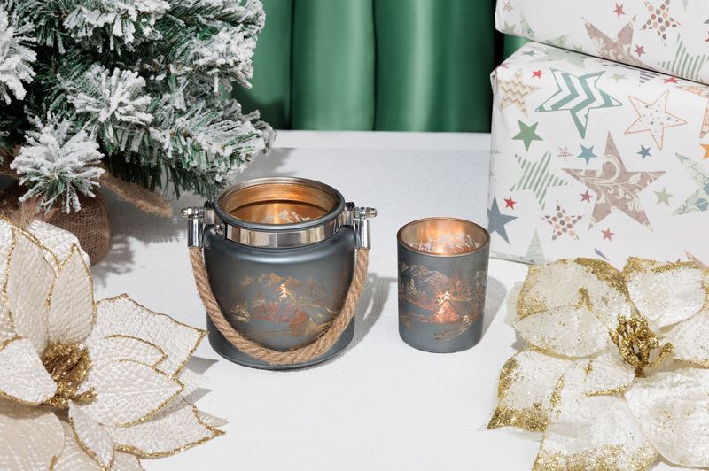 Svietnik MagicHome Vianoce, šedý, s krajinkou, s lankom, 10x10 cm – Obrázok 2