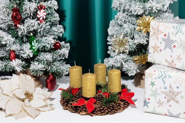 Sviečka MagicHome Vianoce, 4,8x8 cm, valcová, bal. 4 ks, zlatá, s glitrami, adventná – Obrázok 2