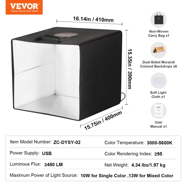 Svetelný box  pre fotografické štúdio, 16 x 16 palcov, 3000-5600K, nastaviteľné 3 teploty farieb, profesionálna sada stanu na fotografo/vanie so 120 LED diódami, 6 obojstranných farebných pozadí, vysoké CRI ≥ 95 pre malé produkty – Obrázok 2