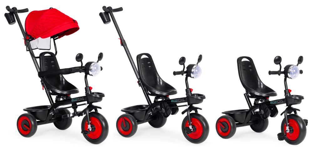 Detská trojkolka, kočík, 3 v 1, otočné sedadlo, červená strieška, ECOTOYS – Obrázok 7