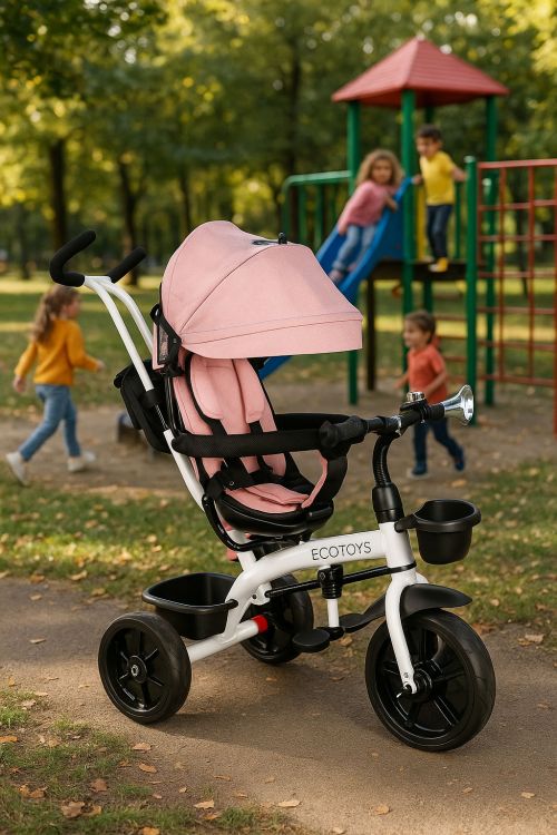 Trojkolka, kočík, otočné sedadlo o 360°, ružová ECOTOYS – Obrázok 8