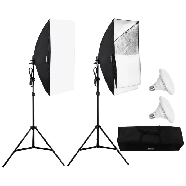 Softbox sada, 50x70cm, profesionálna sada pre foto štúdio s 30W 5500K LED žiarovkami, takmer prirodzené denné svetlo, nastaviteľný statív, štúdiové svetlá na fotografovanie, nahrávanie videa, živé vysielanie