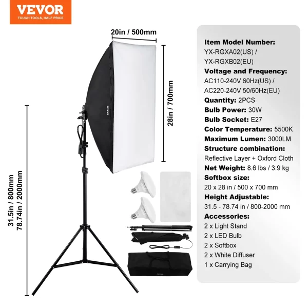 Softbox sada, 50x70cm, profesionálna sada pre foto štúdio s 30W 5500K LED žiarovkami, takmer prirodzené denné svetlo, nastaviteľný statív, štúdiové svetlá na fotografovanie, nahrávanie videa, živé vysielanie – Obrázok 5
