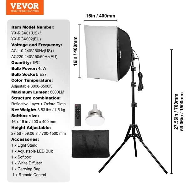 Softboxová sada, 400 x 400 mm, profesionálna fotoštúdiová sada so 45 W LED žiarovkami, nastaviteľná teplota farieb 3000 – 6500 K, statívový stojan, štúdiové svetlá na fotografovanie, nahrávanie videa, živé vysielanie – Obrázok 2