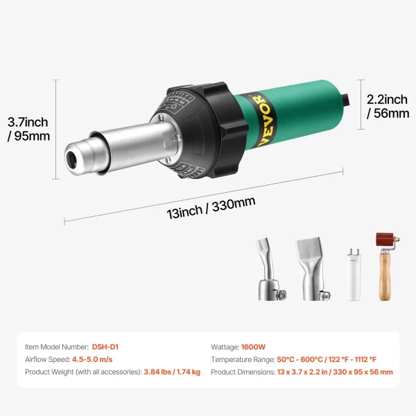 Teplovzdušná zváračka plastov , 1600W teplovzdušná pištoľ, 50-600°C zváracia pištoľ na PVC, TPO a vinyl, plasty, teplovzdušná zváračka so 4 príslušenstvom - 2 trysky a 1 valček na švy pre PP/PE/PVC dosky – Obrázok 4