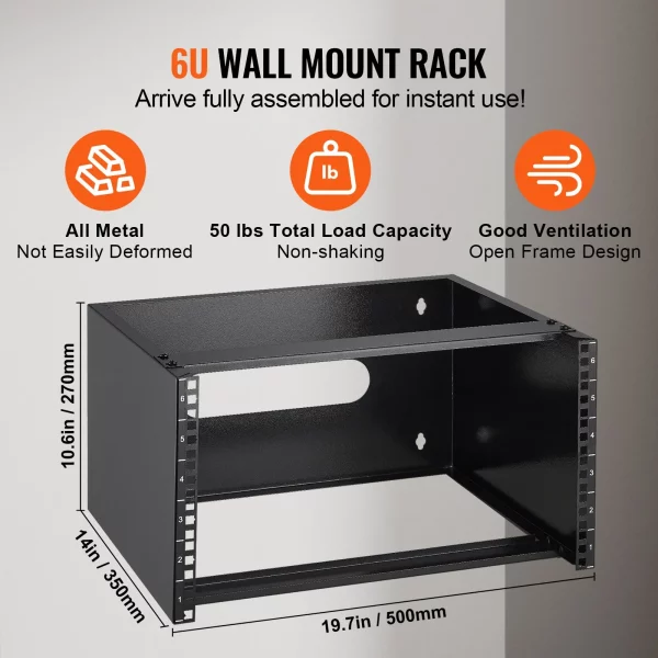 Nástenný sieťový rack 6U, hĺbka 14"/355,6 mm, maximálna nosnosť 50 libier/22,68 kg, nástenný serverový rack 19"/482,6 mm s klietkovými maticami pre nízkoprofilové serverové IT zariadenia a sieťové prepínače – Obrázok 4