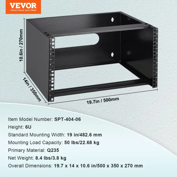 Nástenný sieťový rack 6U, hĺbka 14"/355,6 mm, maximálna nosnosť 50 libier/22,68 kg, nástenný serverový rack 19"/482,6 mm s klietkovými maticami pre nízkoprofilové serverové IT zariadenia a sieťové prepínače – Obrázok 3