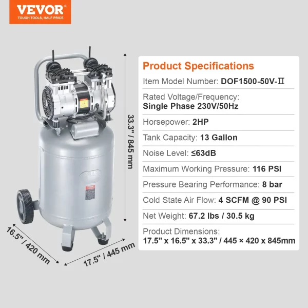 Vzduchový kompresor 49L Whisper Compressor 2HP. Vzduchové čerpadlo Bezolejový 8bar kompresor Jednofázový Hladina hluku ≤63dB Ideálny na hustenie pneumatík Opravy áut Maľovanie Drevených výrobkov – Obrázok 6