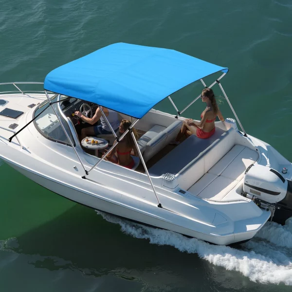 Bimini Top, slnečná clona na loď (3 oblúky), vyrobená z polyesteru 600D s rámom z hliníkovej zliatiny, vodotesná slnečná clona na loď s úložným vreckom, 216-229 cm (Š), modrá – Obrázok 6