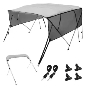 Kryt lode so 4 oblúkmi Bimini Top, inštalačná šírka 231 – 244 cm, 600D polyesterová strieška, plachta na loď s odnímateľnými bočnými stenami zo sieťoviny, vodeodolný a slnečný, vrátane úložného boxu, svetlosivá