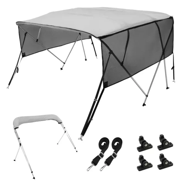 Kryt lode so 4 oblúkmi Bimini Top, inštalačná šírka 231 – 244 cm, 600D polyesterová strieška, plachta na loď s odnímateľnými bočnými stenami zo sieťoviny, vodeodolný a slnečný, vrátane úložného boxu, svetlosivá