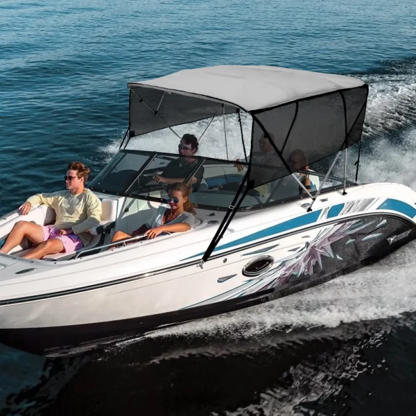 Kryt lode so 4 oblúkmi Bimini Top, inštalačná šírka 231 – 244 cm, 600D polyesterová strieška, plachta na loď s odnímateľnými bočnými stenami zo sieťoviny, vodeodolný a slnečný, vrátane úložného boxu, svetlosivá – Obrázok 6