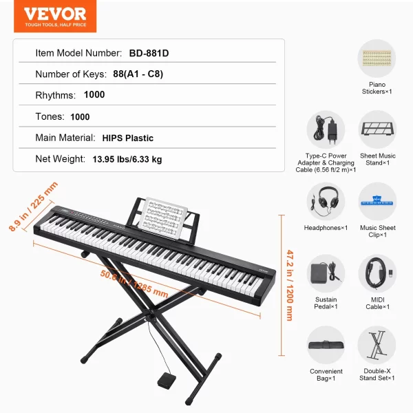 Digitálne piano  s 88 klávesmi, polovyvážené klávesy, sada klavírov s nastaviteľným stojanom, vstavané reproduktory, sustain pedál, slúchadlá, Bluetooth, MIDI, USB pre začiatočníkov. – Obrázok 6