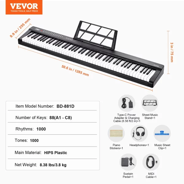 Digitálne piano  s 88 klávesmi, polovyvážené klávesy, prenosná sada elektrického klavíra v plnej veľkosti s 1000 notami, vstavané reproduktory, sustain pedál, slúchadlá, Bluetooth, MIDI, USB pre začiatočníkov. – Obrázok 5